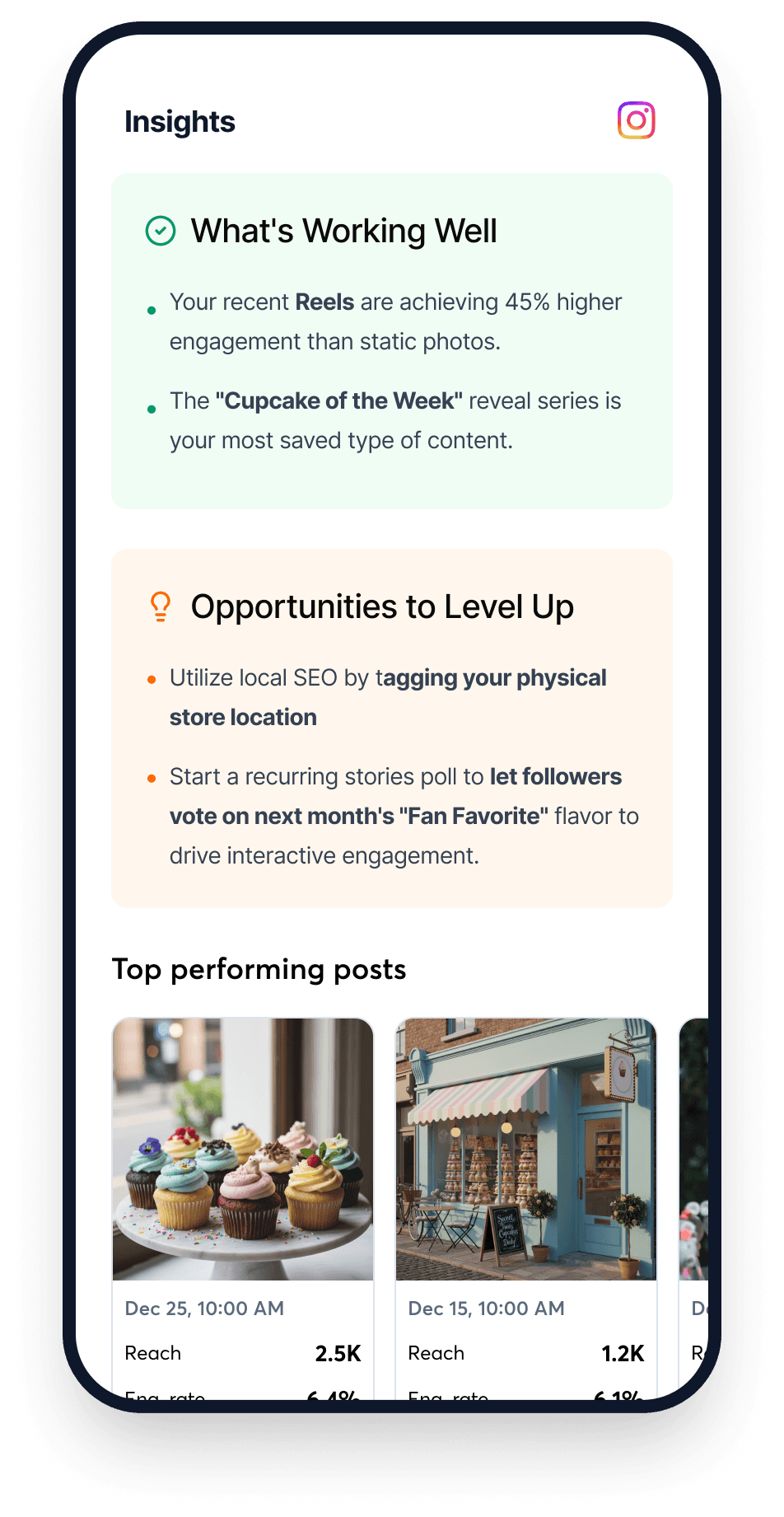 Social Starter Insights screen showing what's working well, opportunities to level up, and top performing posts