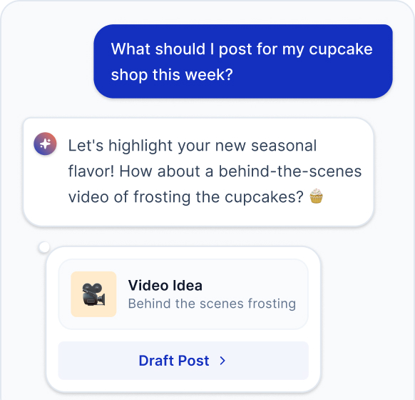 AI-powered ideation chat interface showing conversation about cupcake shop content ideas