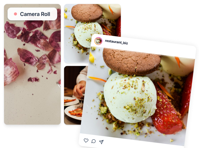Camera roll photos transforming into Instagram post for restaurant_biz